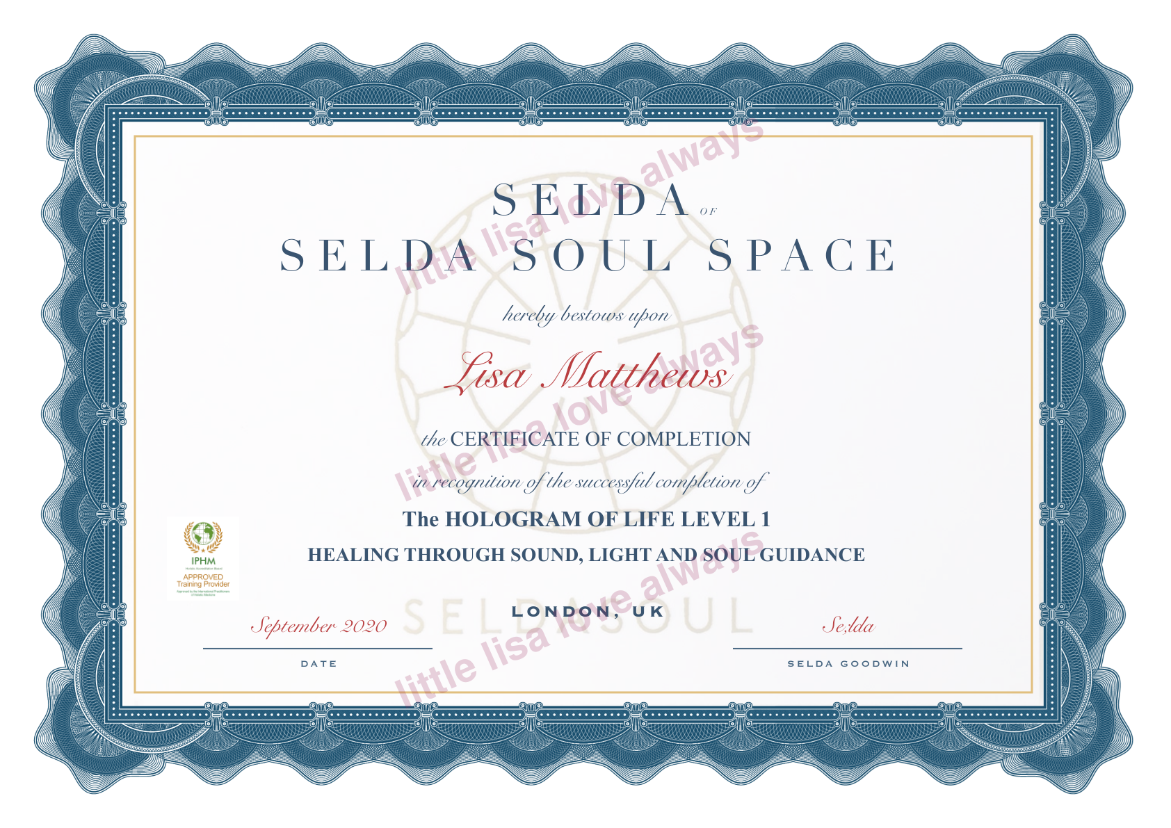 My Level 1 certificate — The Hologram of Life, watermarked little lisa love always