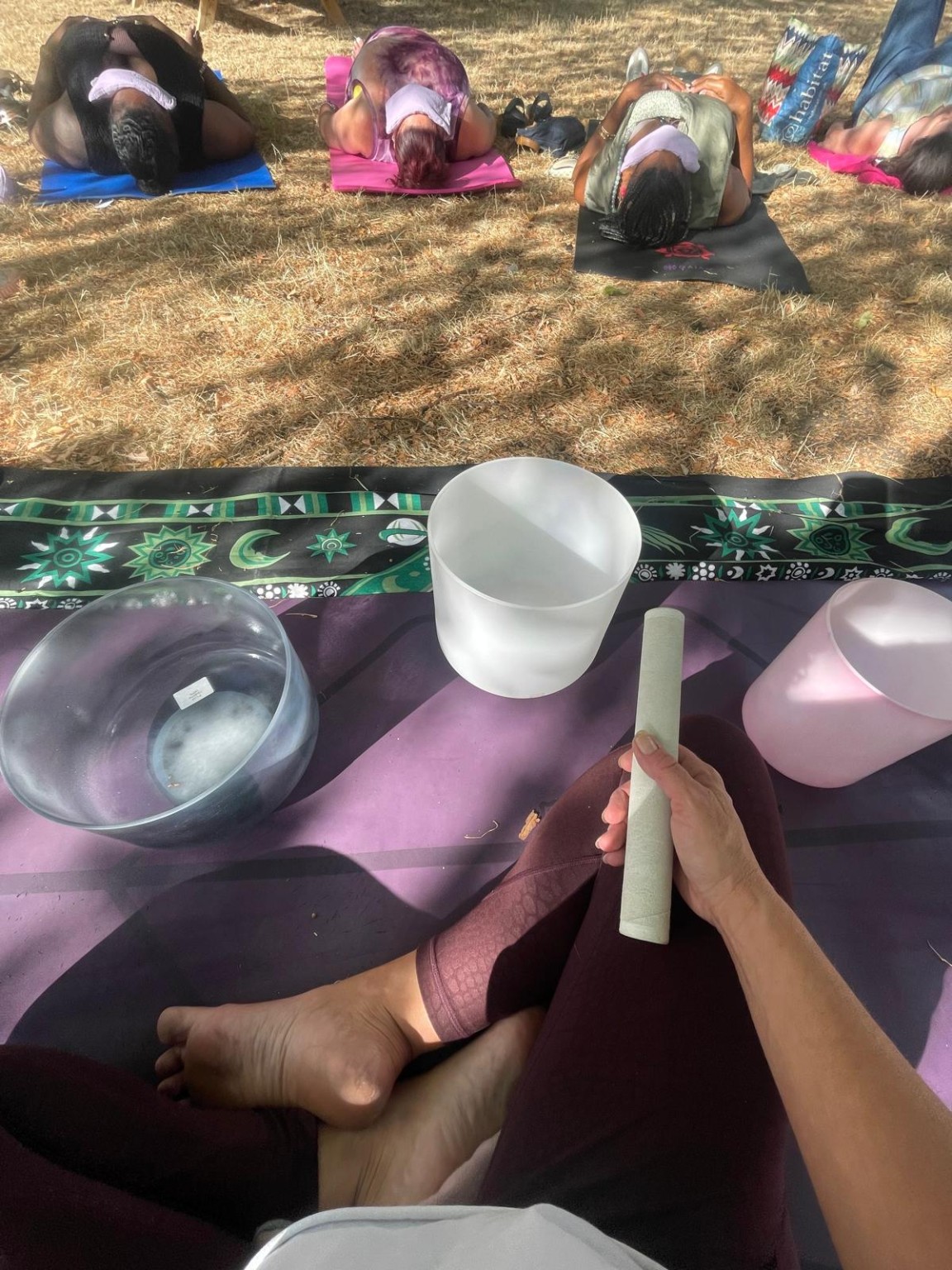 Outdoor relaxation and a close-up of sound bowls