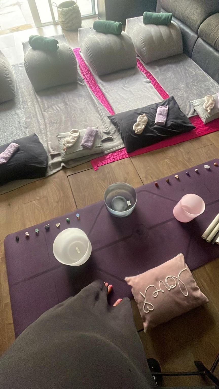 Mats, cushions and bowls ready for a sound bath